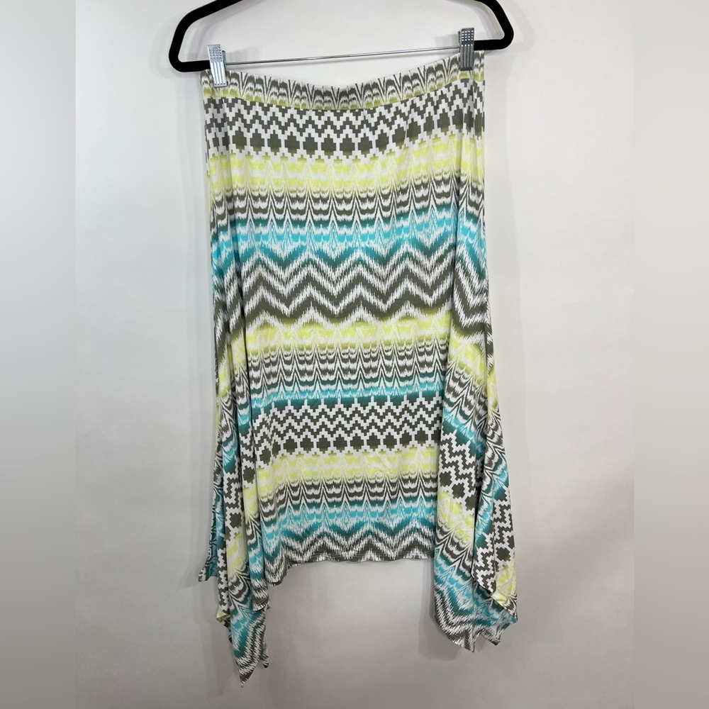 CHICOS Sharkbite Skirt Boho Print Sz 1 Medium Blue Gray